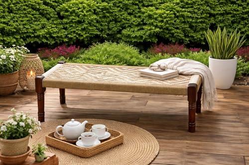 Image of Handwoven Wooden Bench | Traditional Rope Charpai Stool | Solid Wood Frame Seating for Living Room, Balcony & Outdoor | Durable & Stylish Design (White with Jute)