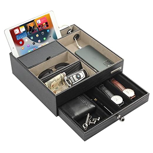 JackCubeDesign Nightstand Organizer for Men, Leather Valet Tray Drawer Key Wallet Phone Watch Glass Tablet Holder with Charging Hole - MK389A