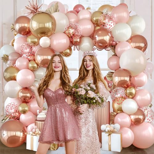 Image of Rose Gold Pink Balloon Arch Kit, Pearl White,129 pcs,Different Size