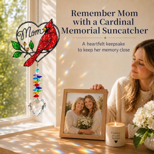 Image of Mom Memorial Ornament, Acrylic Heart Cardinal Suncatcher with Crystal Pendant, Stained Glass Style Christmas Tree Hanging Decor, Sympathy Gift for Loss of Mother, Bereavement Remembrance Gift