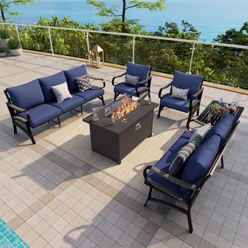 Image of 6-Piece Outdoor Furniture Set, Patio Conversation Set Include 3-Seater Sofa Single Chairs Loveseat Couch with Coffee Table and Fire Pit Table for Deck, Porch (Blue Cushions)