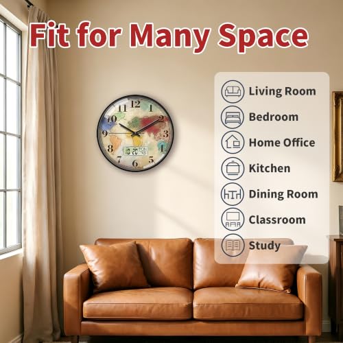 Image of 14'' World Map Wall Clock, Analog Clock with Digital Display | Silent Non-Ticking, Battery Operated, Shows Date Day & Temperature, Decorative for Living Room, Bedroom, Kitchen, Office