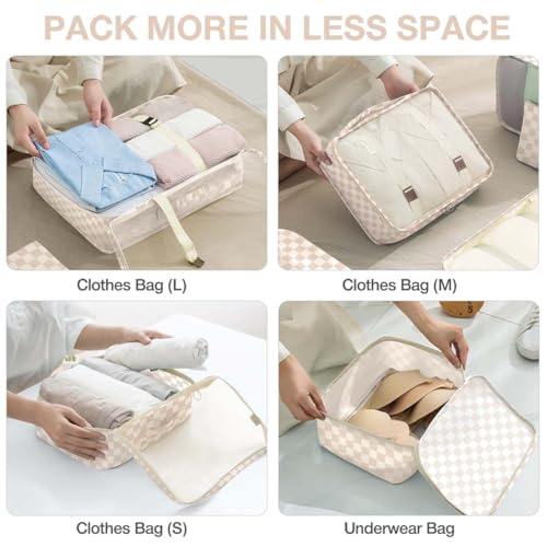 Image of Packing Cubes for Travel, Packing Cubes with Shoe, Cosmetics, Clothing,and Accessories Bags, Travel Cubes for Packing Suitcase Organizer for Women Men, Khaki Grid-A, Large