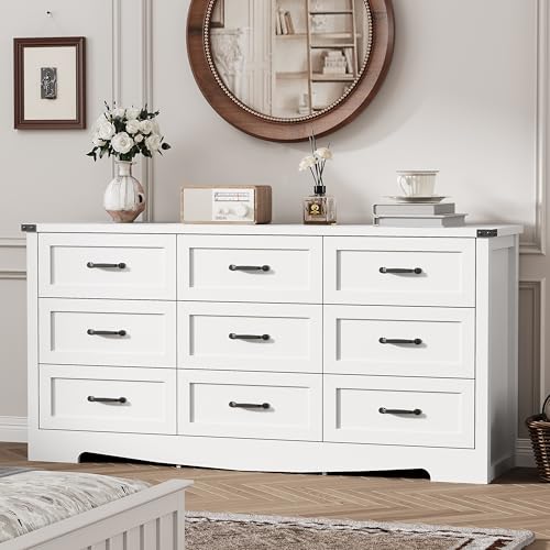 Image of Dresser for Bedroom with 9 Drawers, 59 inch Wide Modern Chest of Drawers with Deep Drawers & Mental Handle, Wood Dresser TV Stand, Wooden Closet Storage Organizer for Living Room, Hallway, Entryway, White