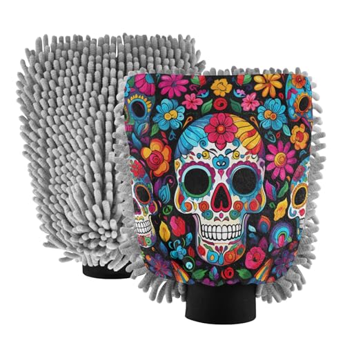 ALAZA Sugar Skull Day of Dead Car Wash Mitt Scratch Free, 2 Pack Absorbent Microfiber/Chenille Washing & Drying Mitts, M