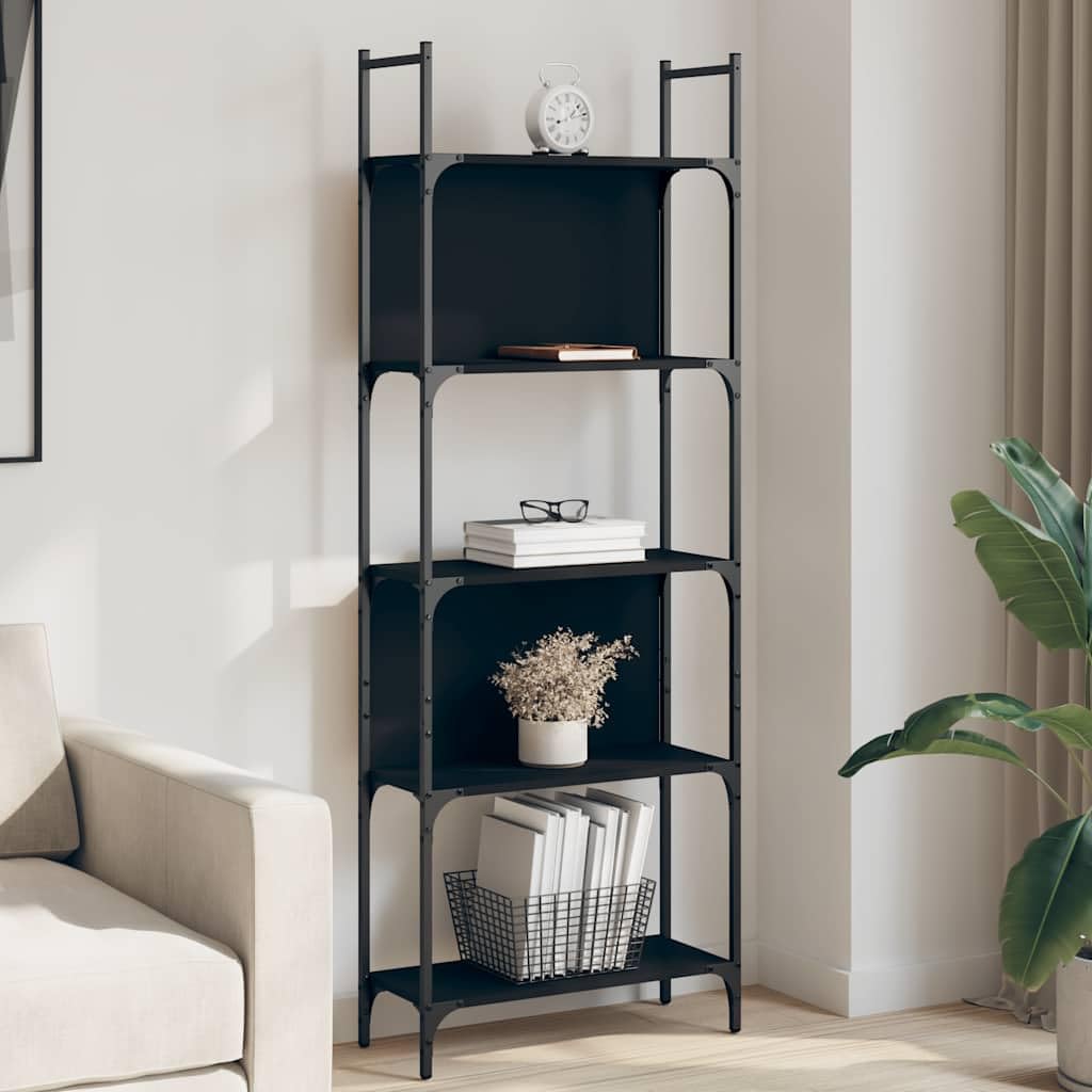 Libreria a 5 ripiani, nero, 60,5 x 24 x 166,5 cm, in legno, acciaio, versatile, per soggiorno, ufficio, camera da letto, cantina, con supporto da parete