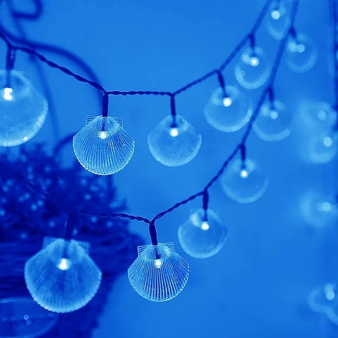 Seashell Light String, 7M 50LED Outdoors Solar Shell Light String Waterproof 8 Modes Ocean Theme Lights String Decoration (Blue)