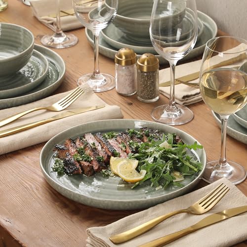 Image of Gibson Elite Eclipse Swirls Plates and Bowls Sets, 12-Piece Stoneware Dinnerware Sets, Reactive Glaze Dish Set - Green
