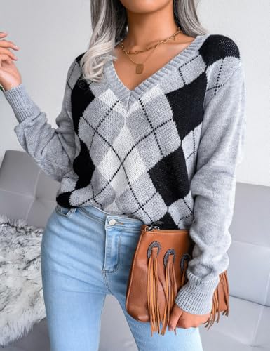IDEALSANXUN Womens Checkered Sweater Fall Winter V Neck Long Sleeve Argyle Knitted Sweater Tops4