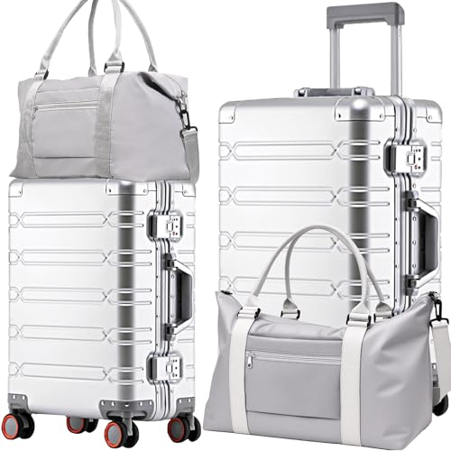 WEICHEN Set of 2 All Aluminum Magnesium 20 in Carry On and 29 in Checked Luggage with Spinner Wheels and TSA Lock, Hard Case Luggage Carry On Travel Suitcase with 2 Duffle-Travel Bags