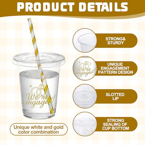 Yungyan 50 Pcs 12 oz We Are Engaged Party Cups with Lid and Straw Golden Bride Engagement Reusable Plastic Clear Cups for Bachelorette Party Drinking Glasses Wedding Bridal Shower Decoration by Yungyan - Used condition - Image 3