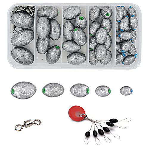 Xinqueen Fishing Sinkers Weights Split Shot Sinker Lead Sinkers for Worm Deep Saltwater Bottom Fishing Rig, 39Pcs Egg Sinkers Fishing Weights