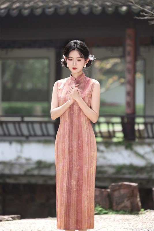 Abito Lungo Qipao Estivo Senza Maniche Aderente in Stile Cinese Cheongsam retrò per Banchetti di Nozze spettacoli e Serate di Gala