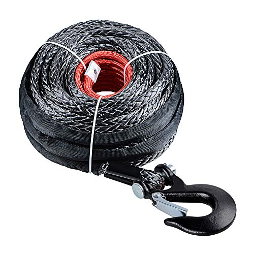 AMOPA AMOPACORP 1/2 inch x 92 feet Synthetic Winch Rope Black Cable with Heat Guard and Hook for ATV UTV Truck Boat Off Road Vehicle, Hook1, 92ft 22000lbs + (A05-147+A05-200-AMP-1-BE)
