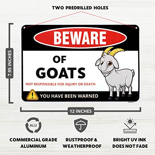 Venicor Beware of Goat Sign Decor - 8 x 12 Inches - Aluminum - Goat Gift For Goat Lovers Toy Supplies Stuff