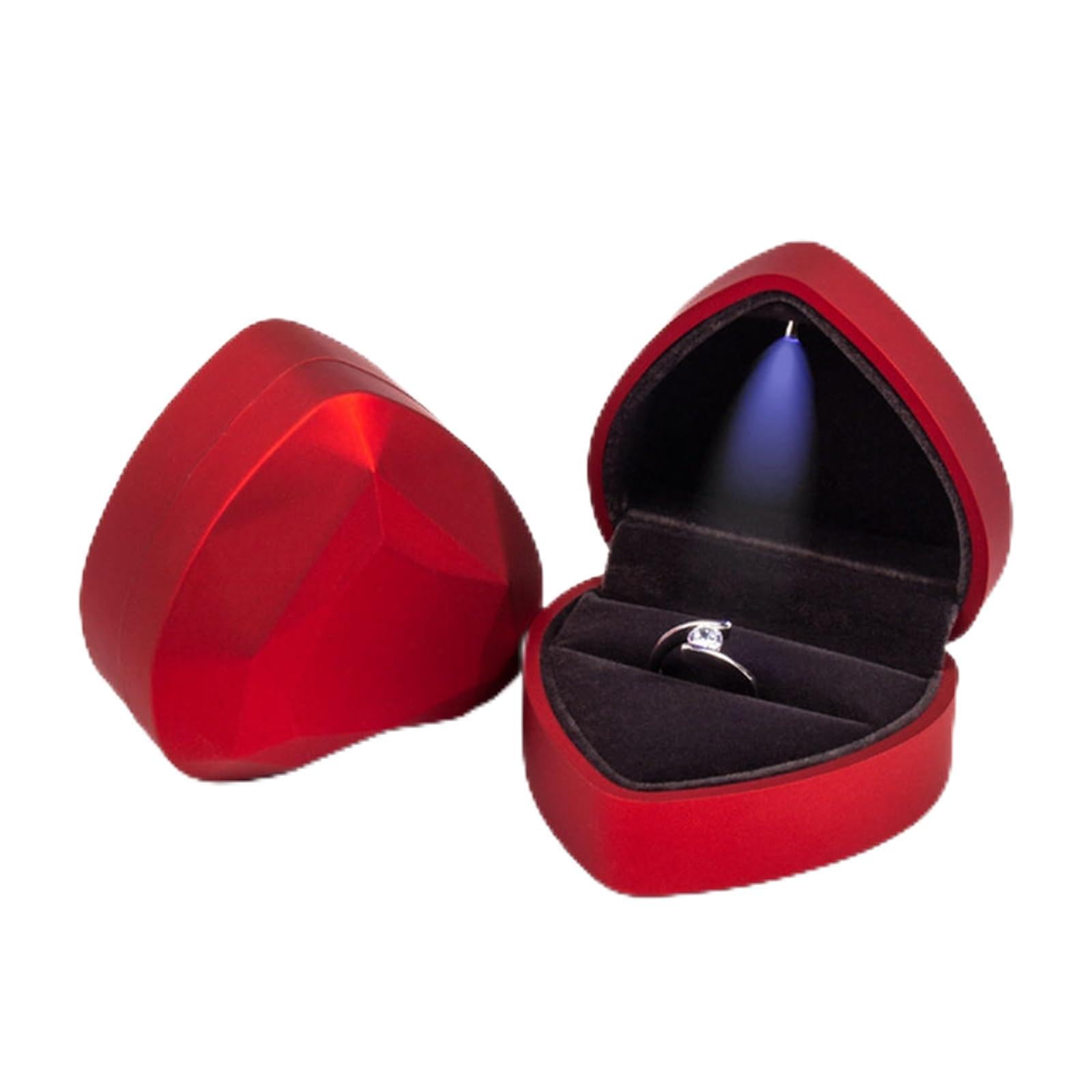 Ring Box 1 Pcs Jewelry Ring Box Luxury Velvet Rubber Necklace Pendant Gifts Display With Light For Proposal Engagement Wedding Case(B-Red)