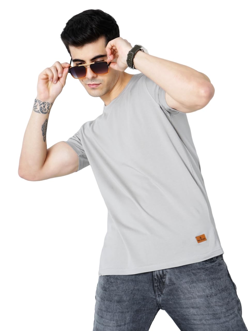 PAUL STREETMen's Grey Pure Cotton Round Neck Solid Slim Fit T-Shirt