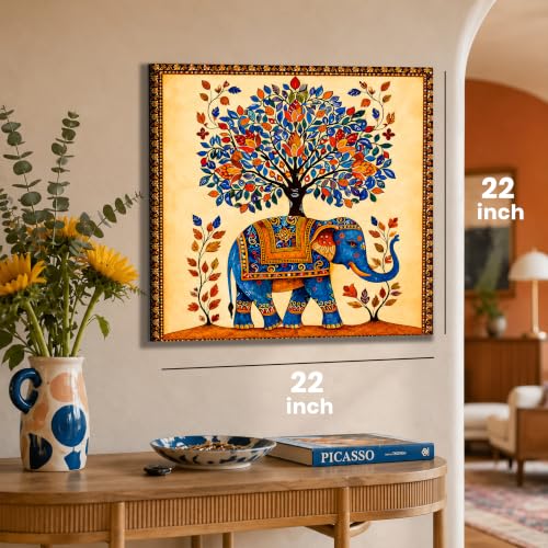 Image of Madhubani Elephant Stretched Canvas Painting for Living Room Wall Decor, Tree of Life Indian Traditional Vastu Stretched Canvas Wall Art for Vastu Place Bedroom Home Hallways Office Hotel, Size 22x22 Inch