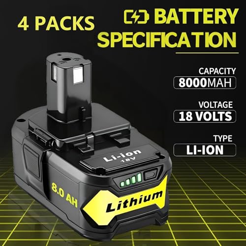 Image of 4 Packs Upgraded 8000mAh P108 Replacement for Ryobi 18V Battery, Compatible with Ryobi 18V ONE+ System Cordless Power Tools and Charger