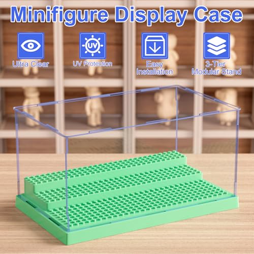 Image of Mlikero Display Case for Minifigures Action Figures Blocks, Clear Acrylic Minifigure Display Case Box Storage, Dustproof Showcase with 3 Movable Steps Gift for Kids, Green