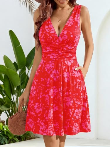 Image of OURIN Women's Spring Deep V Neck Sleeveless Floral Sundresses with Pockets Flowy Summer Dresses for Women