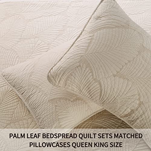 Qucover Cotton Bedspread Quilt Sets For King Bed, 3-Piece Beige Cream Color Embroidery Palm Leaf Bedspread Comforters Bedding Sets King Size 98X106 Inch #TOP2