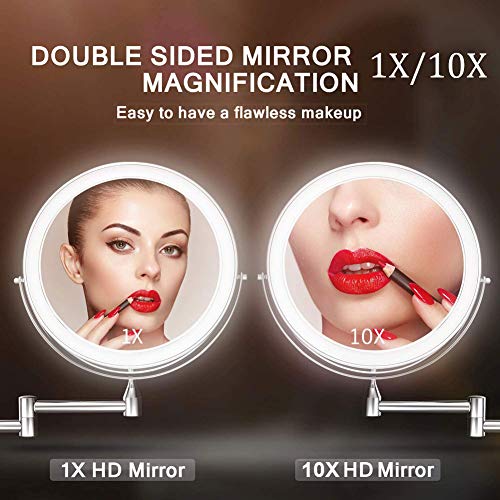 8 Pouces Miroir Grossissant Lumineux Mural x10, LED Miroirs de Maquillage avec 0.5h Fonction d'arrêt Automatique, Alimenté par 4 Piles AAA (Non Inclus) Idéal pour Salle de Bain