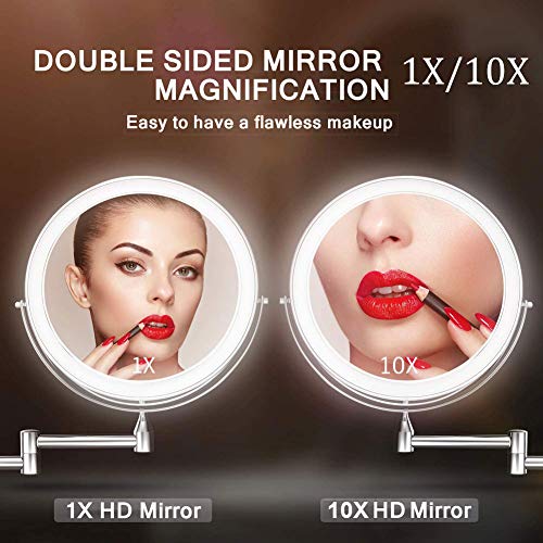 8'' Bathroom Mirrors Wall Mounted Makeup Mirror, Upgrade Auto Off LED Shaving Mirror 1X/10X Magnifying Double Sided 360° Swivel Extendable, Powered by 4 x AAA Batteries (chrome)