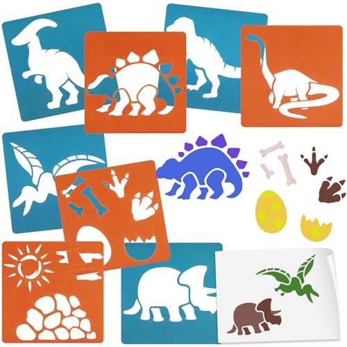 Schablonen Malen für Kinder, 8 Stück Airbrush Schablonen Set 15x15cm Kinder Kreatives Zeichenschablonen, Kunststoff Wiederverwendbar Malschablone DIY Handwerk, Papier Wand Holz Stoff (Dinosaurier)