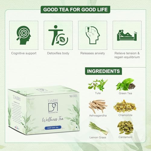Image of Dabri Sleep Easy Wellness Tea 32 Pyramid Dip Tea Bags|Pack of 2 x 16 Bags Each|Pure Herbal Blend with Natural Taste|Antioxidant-Rich|Cognitive support|Detoxifies body|Releases anxiety