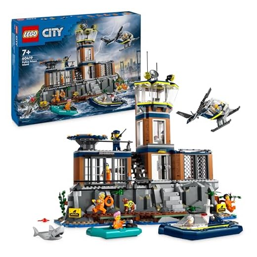 LEGO City Police Prison Island Toy for 7 Plus Year Old Boys, Girls & Kids, Emergency Vehicles Set with Helicopter, Boat, 7 Minifigures, Dog & Shark Figures for Imaginative Play, Birthday Gift 60419