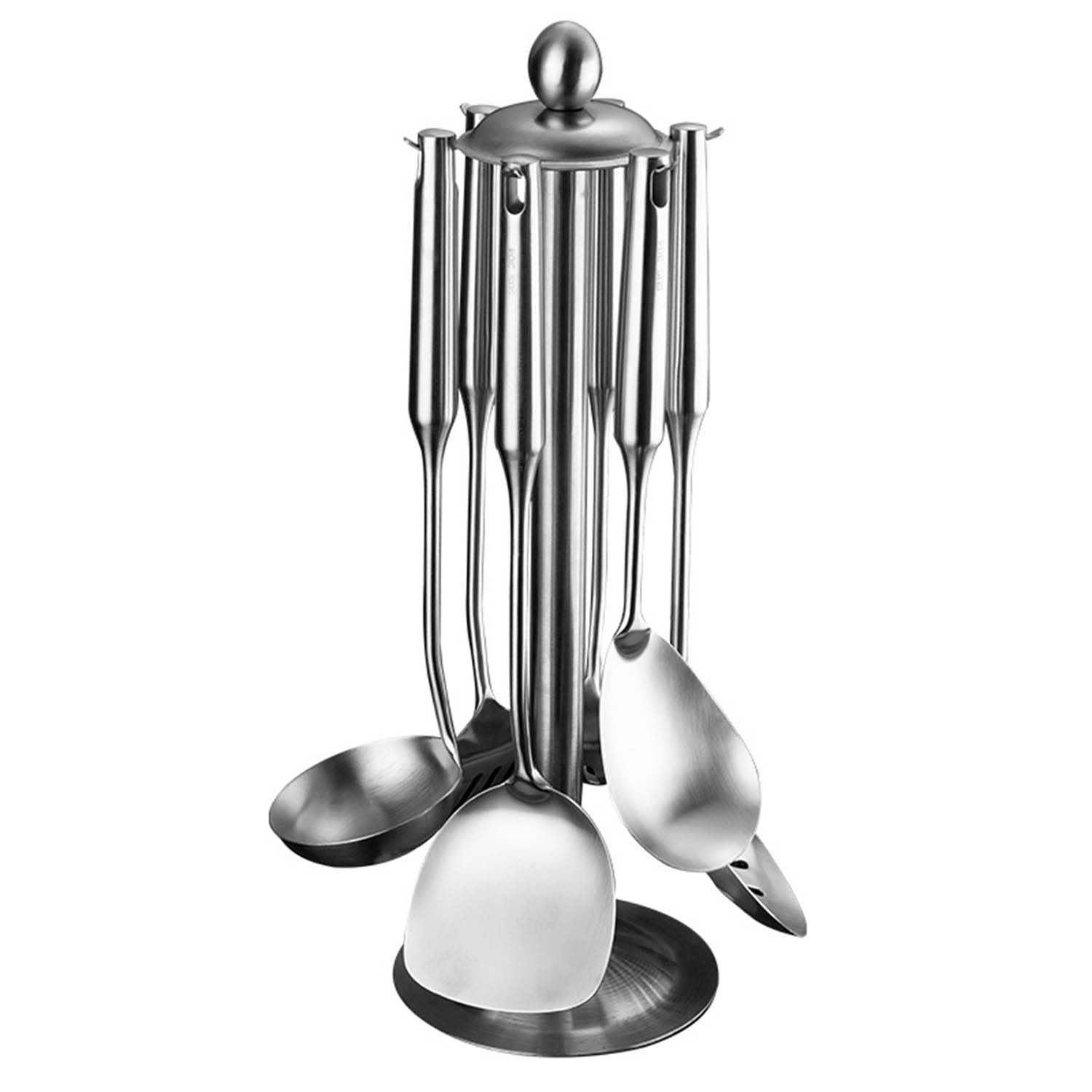 7pcs Ustensiles de Cuisine en Acier Inoxydable Set avec Spatule Porte-Ustensiles Antiadhésif Résistant à la Chaleur Outil de Chef Cadeau, Argent