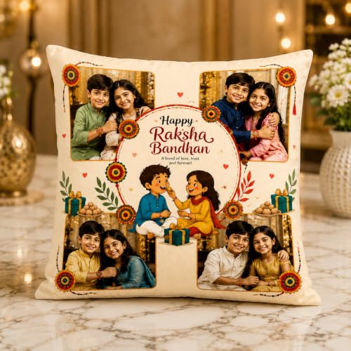 Image of Personalized Photo Pillow 12x12 Inch Cushion with Cover & Filler - Custom Gift for Birthday, Anniversary, Couple, Girlfriend, Boyfriend, Husband, Wife, Friends. (RakhiPilow-04)
