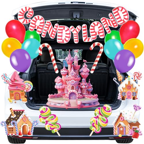 Halloween Trunk or Treat Candy Land Decorations Kit with Whole Piece Sweet Candy Land Lollipop Balloons Tassel for Suv Car Archway Garage Door Haunted House Party Decoration