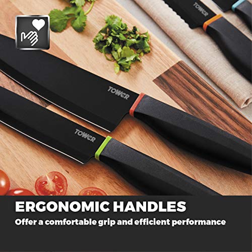 Tower-T851034BLK-5-Piece-Knife-Set-with-Paring-KnifeUtility-KnifeSlicing-KnifeBread-KnifeChef-Knife-and-Wooden-Block-Black