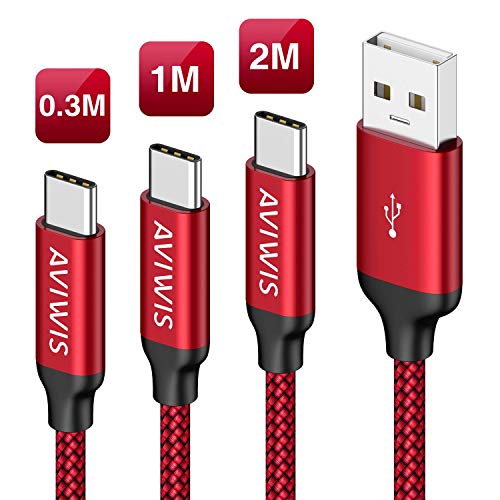 AVIWIS Cable USB Tipo C, [3Pack 0.3M 1M 2M] Cargador Tipo C Sincronización y Carga Rápida Cable USB C para Samsung Galaxy S10/S9/S8 Plus Note9, Huawei P30/P20/Mate20, Xperia XZ, G7