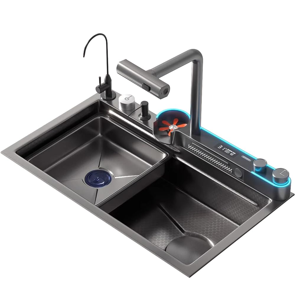 WIQUYBML 304 Stainless Steel Kitchen Sink Set with Removable Faucet Double Waterfall Design for Modern Home Décor (75×46×22cm)