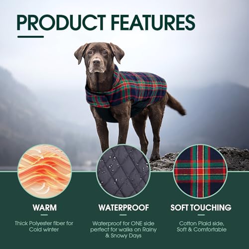 Image of Kuoser Waterproof Dog Coat, Warm Reversible Dog Jacket with Leash Hole | Soft Cozy Dog Cold Weather Coats for Rainy Snow Days, Lightweight Jacket for Meduim Dogs, Xmas Dogs Snowsuit Royal Blue L
