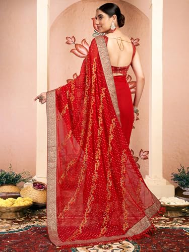 Image of Satrani Women's Georgette Embroidery & Stone Work Saree with Unstitched Blouse Piece