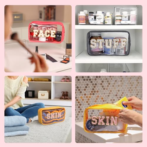 4 Pack Clear Makeup Bags with Chenille Letters, Travel Toiletry Organizer for Hair, Face, Skin, Stuff - Cosmetic Pouch Set for Girls, Kids - Birthday, Graduation, Teacher Gifts, Summer Travel3