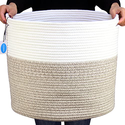 Image of Casaphoria Large Cotton Rope Storage Baskets with Handles for Organizing,Round Woven Baskets for Blanket Pillows,Tall Woven Cotton Rope Laundry Hampe for Bedroom Bathroom LivingRoom