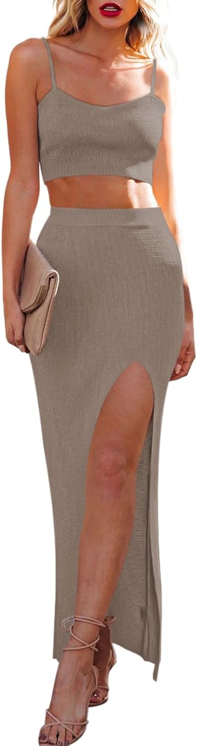 Cutiefox Women's Knit 2 Piece Dress Cami Crop Top High Side Slit Bodycon Long Skirt Set Small Tan