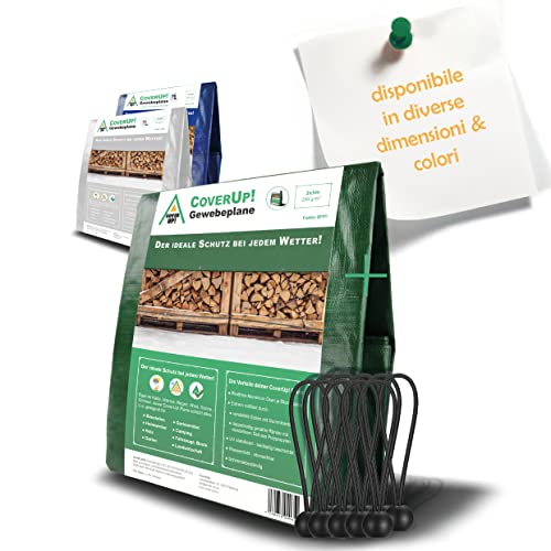 CoverUp! Telone Impermeabile Occhiellato 2 x 3 m [200 g/m²] & 10 tenditori per Teli, Telo Esterno Impermeabile con Occhielli per mobili da Giardino, Telo occhiellato di Protezione antistrappo, Verde