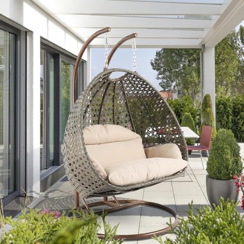 Image of Double Seater Hammock Swing Chair with Stand & Cushion | Heavy Duty Powder Coated Steel Frame | Outdoor Indoor Hanging Swing for Patio Balcony Garden Terrace Living Room (Golden-BEDGE)