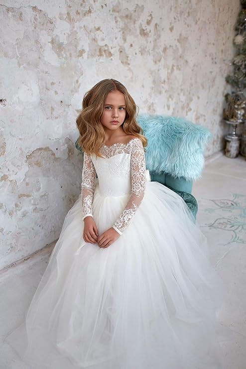 Lace Long Sleeves First Holy Communion Dresses Off Shoulder Flower Girl Dress Christmas Ball Gowns for Kids2