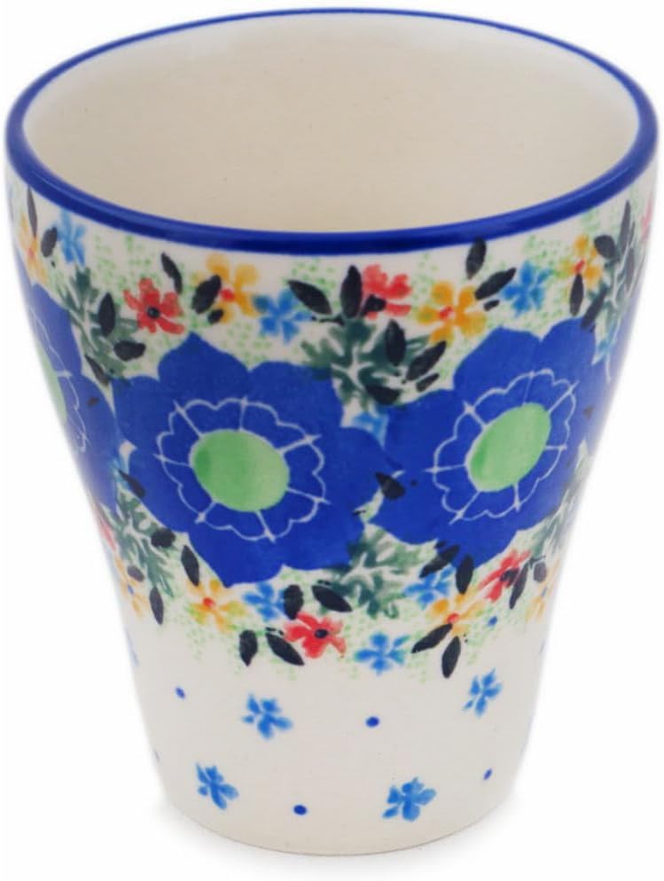 Polmedia Polish Pottery Tumbler UNIKAT - Fascinating Flora Pattern Handmade in Boleslawiec Poland by Ceramika Artystyczna + Certificate of Authenticity