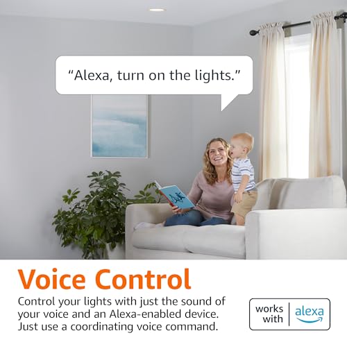 Image of Amazon Basics Smart BR30 LED Light Bulbs for Bedroom Living Room, Dimmable Soft White (2700K), 9W (60W Equivalent), 800LM, Voice Control, Works with Alexa Only, 2.4 GHz Wi-Fi, No Hub Required, 4-Pack