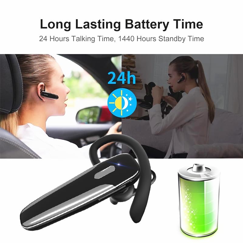 Image of Single Ear Bluetooth Headset V5.3 Single-Ear Earpiece with Wireless Microphone 48H Battery, Bluetooth Earpiece - Handsfree for Driving /Truck Drivers, Compatible with iPhone, Android, Samsung