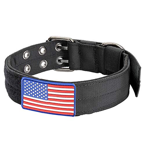 Tactical Dog Collar with Sturdy Metal Buckle Handle 48MM Wide Army Grade Nylon Military Collars Adjustable with Velcro Area American Flag(Black, L)