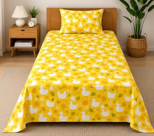 Image of Microfibre Printed Bed Kids Room Bedsheet with Pillow Covers (Yellow, Single)